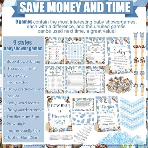 Sherr 476 Pcs Blue Cowboy Baby Shower Game, 9 Styles Baby Shower Activities - Image 4