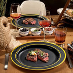 bUCLA 300PCS Black and Gold Disposable Dinnerware Set - 50 Guests Black Plastic Plates with Gold Rim Include 50 Dinner / 50 Dessert Plates, 50 Forks,50 Knives,50 Spoons&50 Cups for Party&Graduation - Image 3
