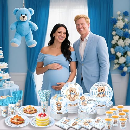 450 Pcs Tableware Set, Serve 50, Blue, Bear Baby Shower - Image 4