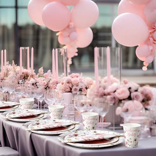 Pickmesh 250 Pcs Pink Floral Baby Shower Party Supplies Decorations Serve 50 Wildflower Welcome Baby Disposable Paper Plates Napkins and Cups for Birthday Babies Girl Shower Gender Reveal Party Decor - Image 5