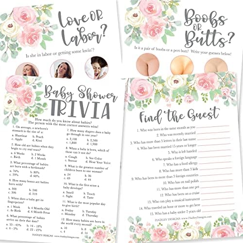 Hadley Designs - 25 Floral Trivia Game, 25 Find The Guest Game, 25 Love Or Labor Game, 25 Boobs Or Baby Butts - 4 Double Sided Cards Baby Shower Ideas, Gender Reveal Games Baby Shower Games by HadleyDesigns