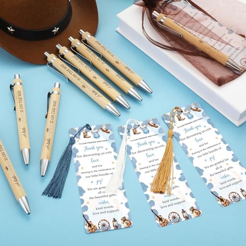 Gilprop 50 Sets Baby Shower Favors for Guests Includes 50 Baby Shower Ballpoint Pens 50 Thank You Bookmarks 50 Organza Bags for Gender Reveal Gifts Guest Prizes(Cowboy,Blue) - Image 3