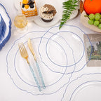 Liacere 150PCS Clear and Blue Plastic Plates-Clear and Blue Disposable Plates with Glitter Bamboo Handle Cutlery-60 Baroque Elegant Plates, 30 Forks, 30 Spoons, 30 Knives for Wedding & Party & Summer - Image 5