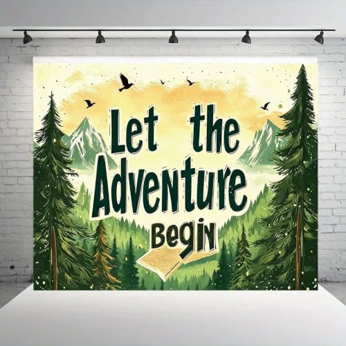 Rustic Hand Drawn Let The Adventure Begin Backdrop Sunset Mountain Pine Tree Forest Photo Background Open Book Birds Adventure Themed Boys 1st Birthday Camping Party Photography Booth Banner，B：9X6FT - Image 3