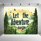 Rustic Hand Drawn Let The Adventure Begin Backdrop Sunset Mountain Pine Tree Forest Photo Background Open Book Birds Adventure Themed Boys 1st Birthday Camping Party Photography Booth Banner，B：8X6FT - Image 3
