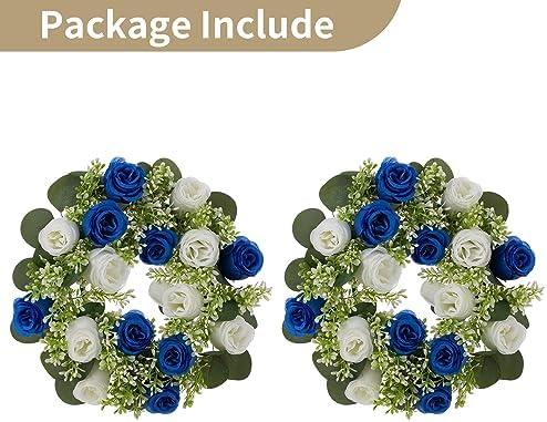 NUPTIO Flower Candle Rings for Centerpieces: 13.4 Inch Rose Wreath for Wedding Party Christmas - Royal Blue & White Wreaths for Spring Summer Front Door Porch Table Decor 2 Pcs - Image 6