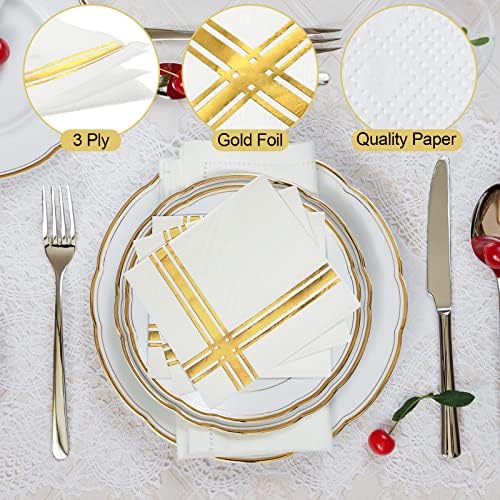 Taobary 400 Pcs 3 Ply Cocktail Napkins with Gold Foil Trim, White and Gold - Image 3