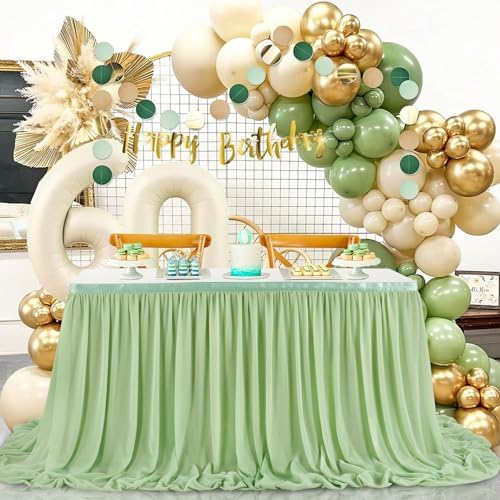 Chiffon Table Skirt for Wedding Decorations - 9ft Sage Green Tablecloth for Baby Shower Valentines Party Summer Home Decorations 2 Layer by QueenDream