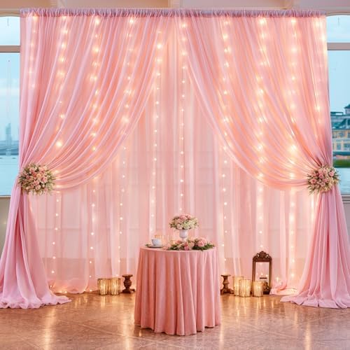 10ft x 10ft Baby Pink Backdrop Curtain with Lights String for Parties,2 Panels Sheer Tulle Curtain Wedding Photo Backdrop with Lights for Baby Shower Birthday Party Ceremony Home Decorations - Image 5