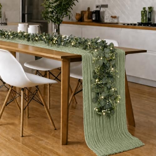 Cinrobiye 11pcs Cheesecloth Table Runner Set 120 Inch – Gauze Table Runner with Napkins, Eucalyptus Garland & String Lights for Wedding Baby Shower Table Decor, Rustic Boho - Image 5