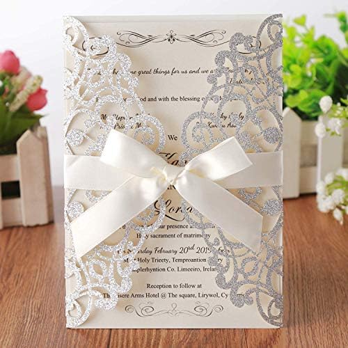 Hosmsua 50PCS Personalized Laser Cut Wedding Invitation Cards with Ribbon 5.12 x 7.3'' Lace Flora Wedding Invitations for Quinceanera Birthday invites (Sliver Glitter) Customized Printed by Hosmsua