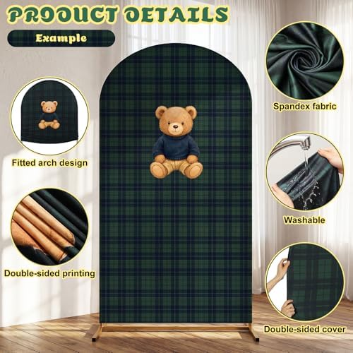 VitalCozy 7.2ft Tartan Plaid Baby Shower Bears Arch Backdrop Cover Vintage Green Birthday Party Decoration Bears Preppy Supplies for Baby Shower Theme Welcome Guest Party Decor - Image 3