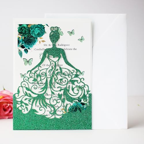 50PCS Green Glitter Quinceanera Invitations Kit, 5.12 x7.3 inch Laser Cut Hollow Girl Princess Quinceañera Invitations with Envelopes for Sweet 16 birthday Bridal XV Años Invite - Image 2