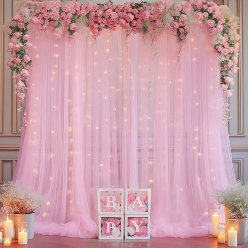 20x10ft Baby Pink Tulle Backdrop Curtain with Lights String for Parites, Sheer Backdrop Curtains for Wedding Baby Shower Birthday Party Photo Shoot Decorations - Image 2