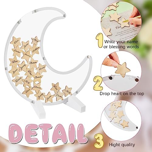 Kosiz Baby Shower Guest Book Alternatives Baby Shower Decorations with Wooden Chips for 60 Guests Sign Picture Frame Pregnancy Keepsake for Soon to Be Moms(White Moon) - Image 3