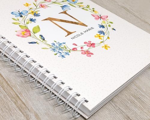 Personalized Baby Journal - Hardcover First Year Album Customized with Baby’s Name & Initial - Prompted Baby Memory Book (Wildflower Wreath Initial) - Image 2