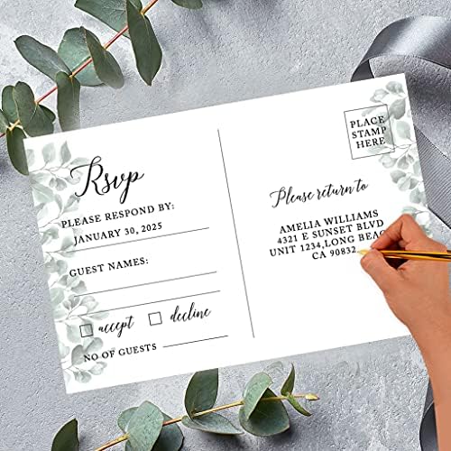 Andaz Press 56-Pack Personalized RSVP Postcards for Wedding Greenery Eucalyptus Leaves Cardstock Response Reply Cards for Bridal Shower Baby Shower Birthday Event Custom Date Return Address 4 x 6-Inch - Image 2