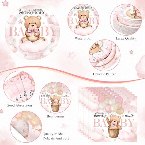 Funnymoom 452 Pcs Pink Bear Baby Girl Shower Party Supplies for 50 Guests - Image 3