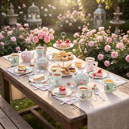 Yungyan 216 Pcs 72 Guest Tea Party Plates and Napkins Sets Floral Tea Party Supplies 6" Paper Plates, 9 oz Cups and Saucers Disposable Tableware Set for Birthday Wedding Bridal Shower Decorations - Image 4