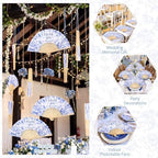 Wenqik 100Set Blue Floral Handheld Folding Fans,Wedding Paper Fan for Guest - Image 5
