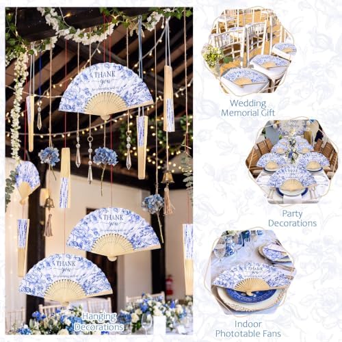 Wenqik 100Set Blue Floral Handheld Folding Fans,Wedding Paper Fan for Guest - Image 5
