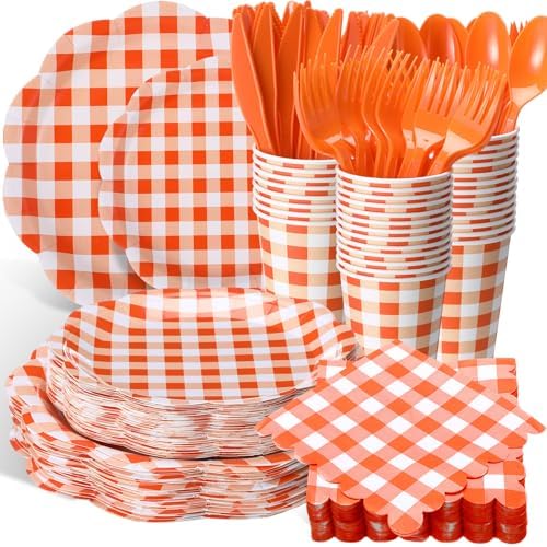 Funnymoom 400 Pcs Orange and White Gingham Party Supplies Dinnerware Set by Funnymoom