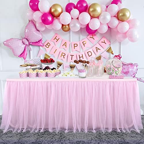 Suppromo 2 Pack 6ft Pink Tulle Table Skirts for Rectangle Tables or Round Tables Pink Tutu Tablecloth Cover for Princess Baby Shower Girls Birthday Party Wedding Cake Dessert Table Decorations - Image 3