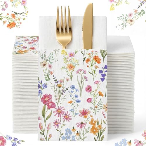 Potchen 100 Pcs Linen Feel Napkins Disposable, Watercolor Wildflower by Potchen