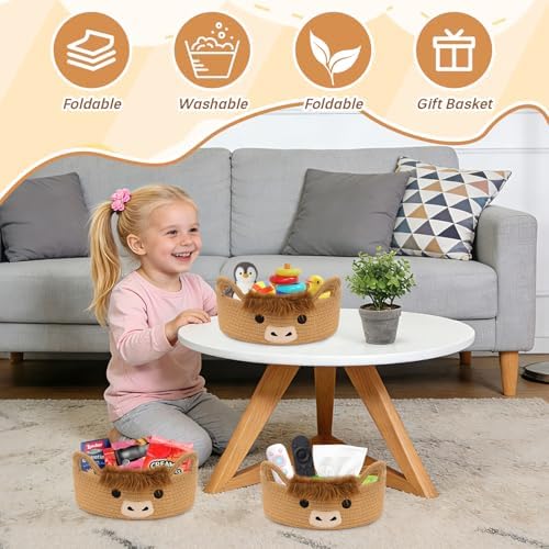 3 Pcs Oval Highland Cute Cow Basket for Nursery,Woven Rope Gift Basket - Image 5