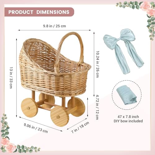 12 Inch Woven rattan baby stroller baskets, vintage rattan flower cart, wicker stroller carriage for baby shower,wedding and gift decorations, pushcart-style decorative flower stands - Image 3
