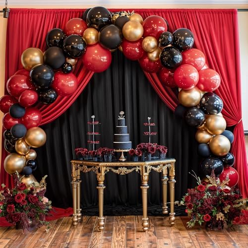 gogoparti 10x10ft Black and Red Backdrop Curtains Panels for Parties, 4 Panel 2.5x10ft Wedding Christmas Birthday Photography Background, Wrinkle Free Polyester Backdrop Curtains Drapes - Image 4