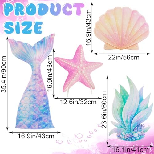 4 Pcs Large Mermaid Birthday Decorations | Under The Sea Party Decorations Mermaid Tail Shell Seaweed Starfish Cardboard Cutouts Standup Photo Booth Props for Baby Shower Wedding Ocean Theme Party - Image 3