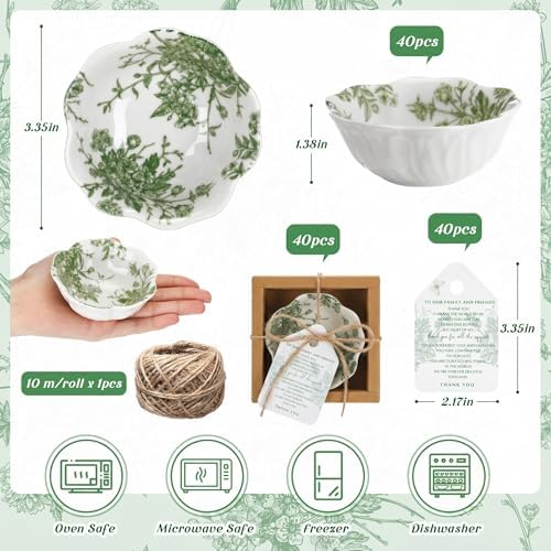 Teenyyou 40 Pack Wedding Favors for Guests Small Ceramic Bowls Bulk Gifts Set 3.3 Inch Sage Green Verdure Design Mini Dipping Bowl Sauce Dish with Cards Box for Party Shower Favor Souvenir - Image 2