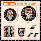Funnymoom 400 Pcs Day of the Dead Party Supplies for 50 Guests Sugar Skull Plates and Napkins Cups Disposable Paper Dia De Los Muertos Tableware for Mexican Halloween Fiesta Birthday Party Favor - Image 3