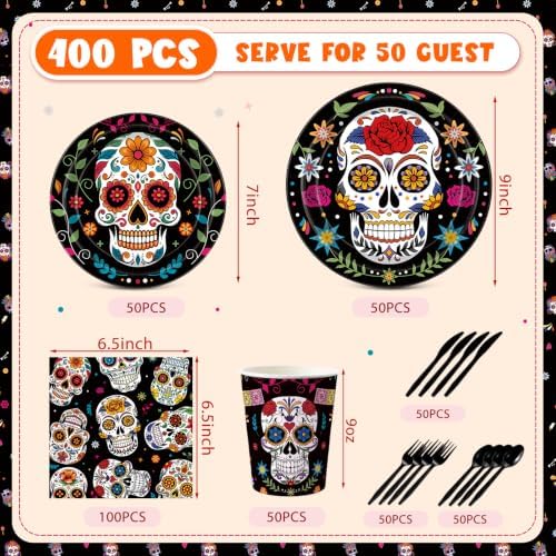 Funnymoom 400 Pcs Day of the Dead Party Supplies for 50 Guests Sugar Skull Plates and Napkins Cups Disposable Paper Dia De Los Muertos Tableware for Mexican Halloween Fiesta Birthday Party Favor - Image 3
