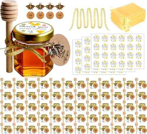 Small Honey Jar, Mini Honey Jars with Dippers, Hexagonal Jars 1.5oz 60 Pack by Ahhute