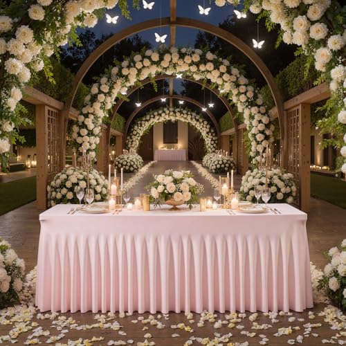 Baby Pink Table Cloth for 6 Foot Rectangle Tables Fitted Stretch Spandex Table Cover with Skirt 6ft Baby Shower Birthday Party Banquet Ruffle Tablecloth Wedding Table Cloths Desk Skirt, 6 Pack - Image 7