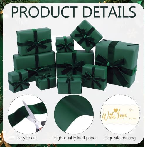 Matte Green Christmas Kraft Wrapping Paper 45 ft Velvet Ribbon 12 Gift Tags - Image 3