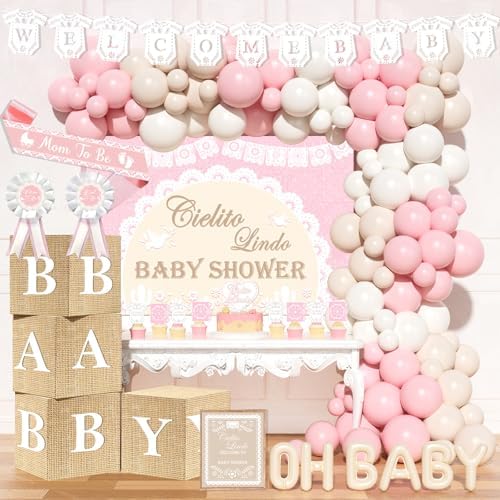 Cielito Lindo Baby Shower Decorations Girl – 120PCs Papel Picado Baby Shower Supplies with Mexican Fiesta Boho Style Backdrop, Balloon, Banner, Poster, Box, Sash and Badge by Fiesec