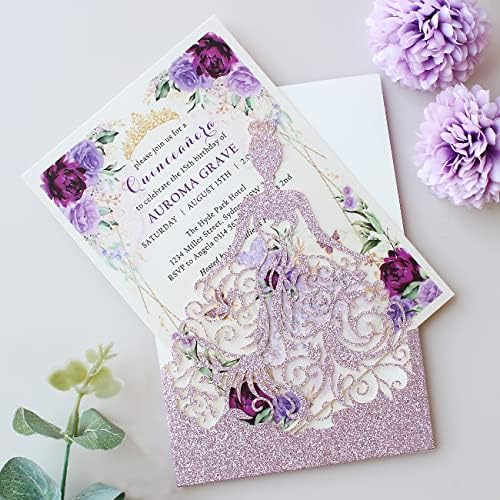 5.12 x7.28 inch 50PCS Purple Glitter Quinceanera Invitations Kit Laser Cut Hollow Girl Princess Quinceañera Invitations with Envelopes for Quinceanera Bridal Shower Invite - Image 5