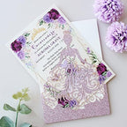 5.12 x7.28 inch 50PCS Personalized Purple Glitter Quinceanera Invitations Kit Laser Cut Hollow Girl Princess Quinceañera Invitations with Envelopes for Quinceanera Bridal Shower Invite - Image 3