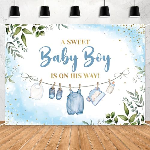 10x8ft Baby Shower Backdrop for Boy, A Sweet Baby Boy is On His Way Banner, Blue Greenery Baby Shower Decorations for Gender Reveal Party, Newborn Photo Background Photography Decor by Unknown