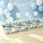 4 Pack Baby Carriage for Baby Shower Centerpiece Table with Wicker Stroller Bottle Bear Cards Rattan Artificial Rose Hydrangea Baby's Breath Floral Card Holder Decoration(Blue&32pcs) - Image 2