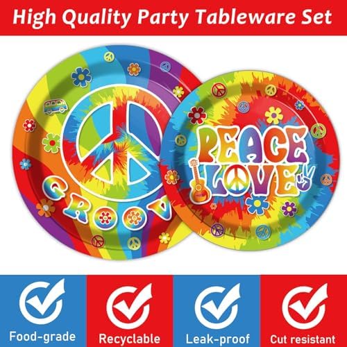 200pcs 60's Hippie Party Plates Napkins Groovy Paper Tableware Set Tie Dye Cake Dessert Disposable Dinnerware 60s 70s Hippie Party Decoration for Baby Shower Birthday Decor Supplies Serves 50 - Image 3