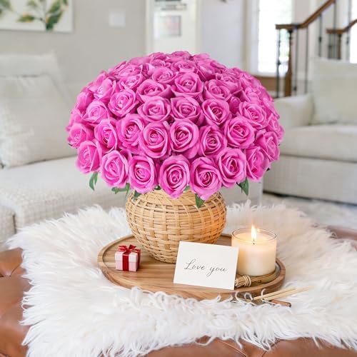 50 PCS Hot Pink Roses Artificial Flowers, Fake Roses with Stem Realistic Silk Rose for DIY Wedding Bouquets Table Centerpieces Arrangements Baby Shower Anniversary Birthday Home Decor Gift for Her - Image 2