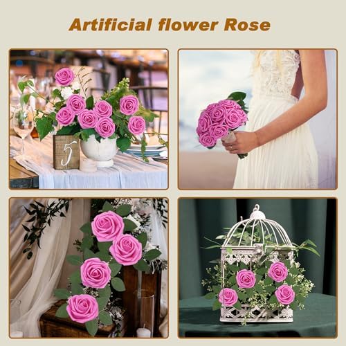 Artificial Flowers Realistic Roses, Real Looking Fake Roses with Stem for DIY Wedding Bouquets Centerpieces Bridal Shower Party Home Romantic Decorations (Hot Pink, Regular 3" - 200pcs) - Image 3