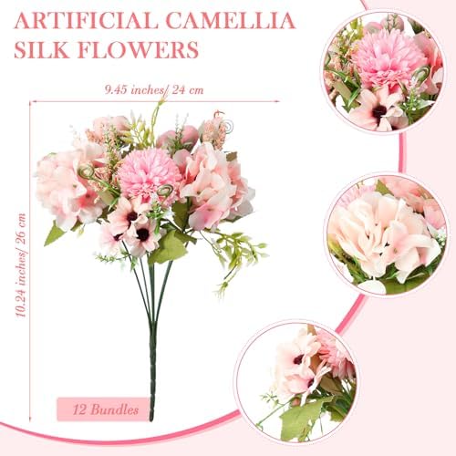 Tigeen 12 Bundles Peonies Artificial Flowers Faux Roses, Pink - Image 2
