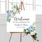 Personalized Horizontal Light Blue Floral Wedding Welcome Sign, Customized Rehearsal Dinner Couples Shower Anniversary Party Welcome Poster Board Canvas by BlissfulMelodyDesign