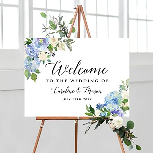 Personalized Horizontal Light Blue Floral Wedding Welcome Sign, Customized Rehearsal Dinner Couples Shower Anniversary Party Welcome Poster Board Canvas by BlissfulMelodyDesign
