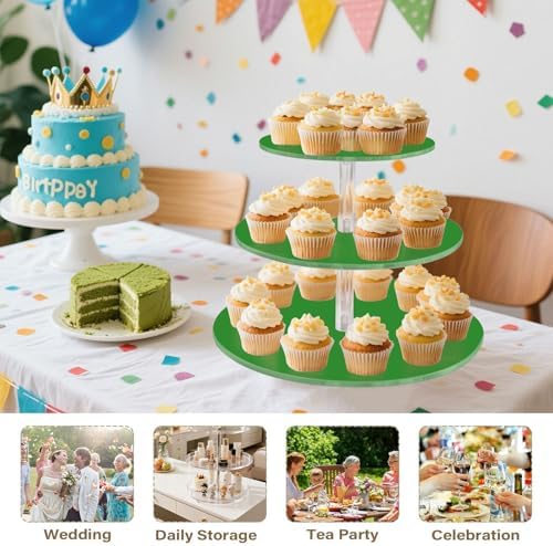 J JOYSAY Green Print Acrylic Cupcake Stand 3 Tier Dessert Table Display Set Clear Cake Stands for Party Wedding Baby Shower Decorations Easy Assembly Donut Tower - Image 7